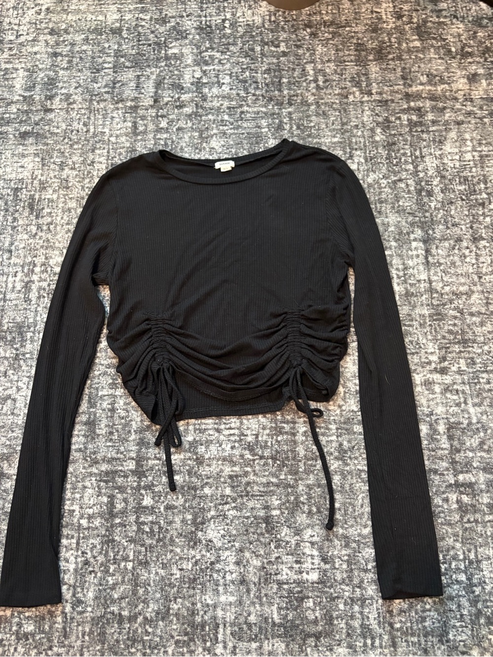 Garage Black Ribbed Long Sleeve Ruched Drawstring Crop Top Size Large